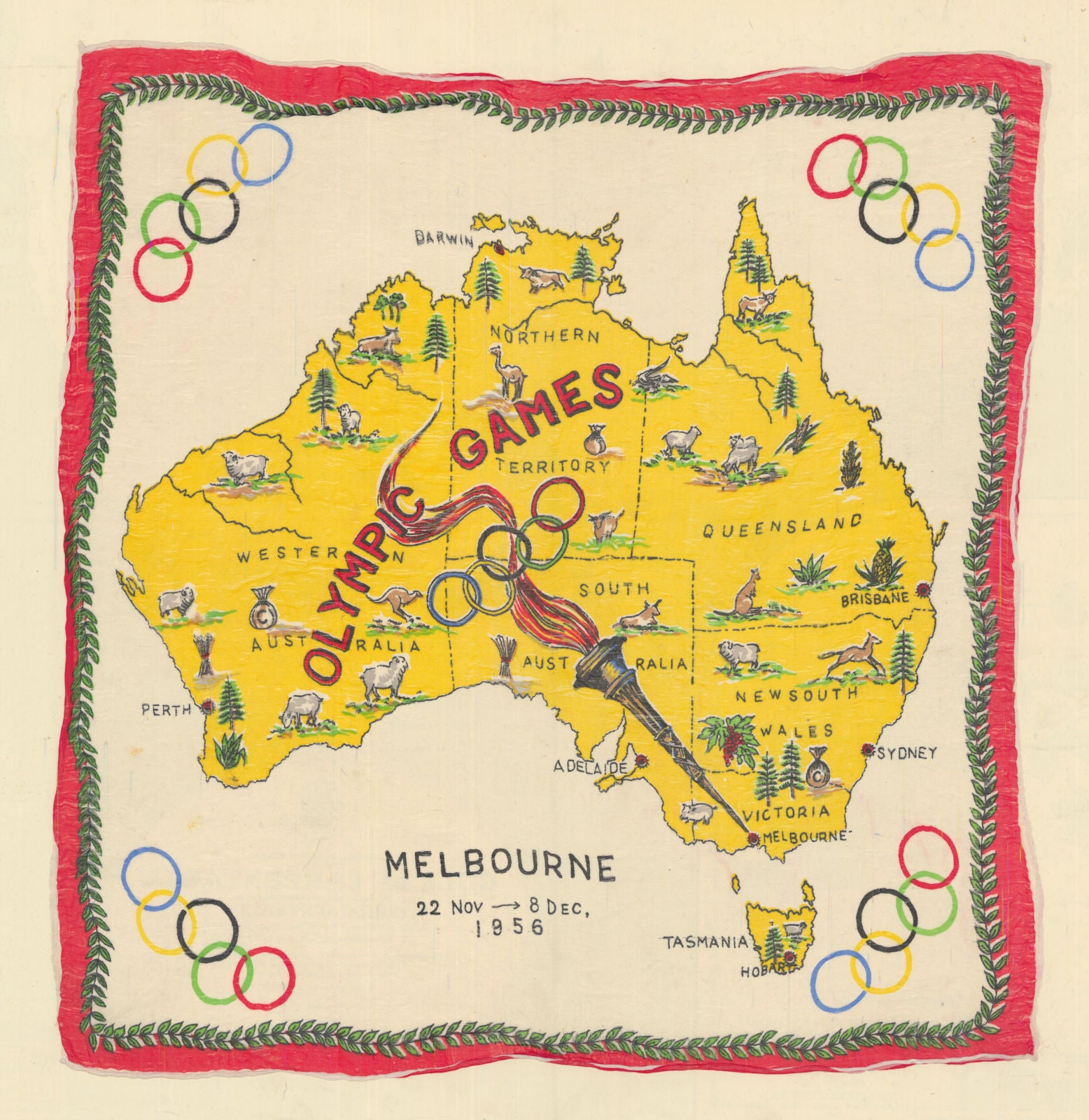 Olympic Games Melbourne 22 Nov–8 Dec 1956. Commemorative silk fabric map 1956